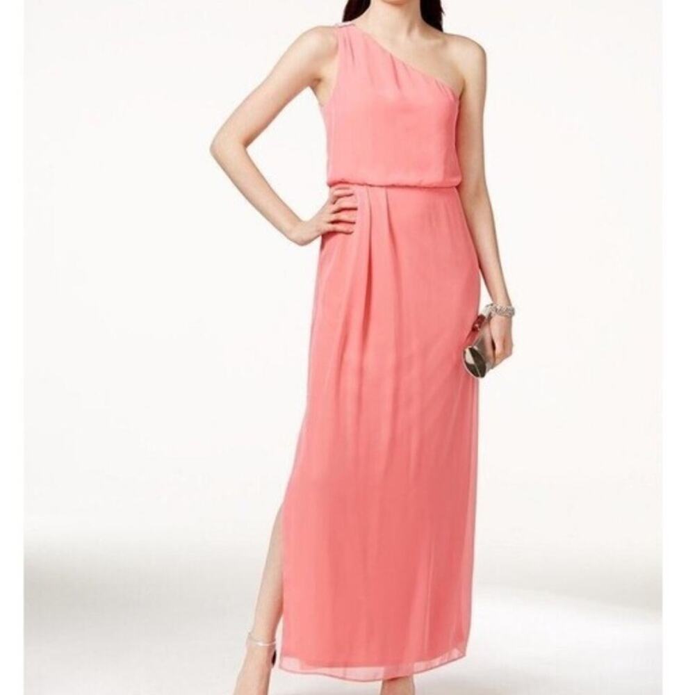Adrianna Papell Coral Pink One Shoulder Maxi Dress Womens 8 Formal Prom Gown